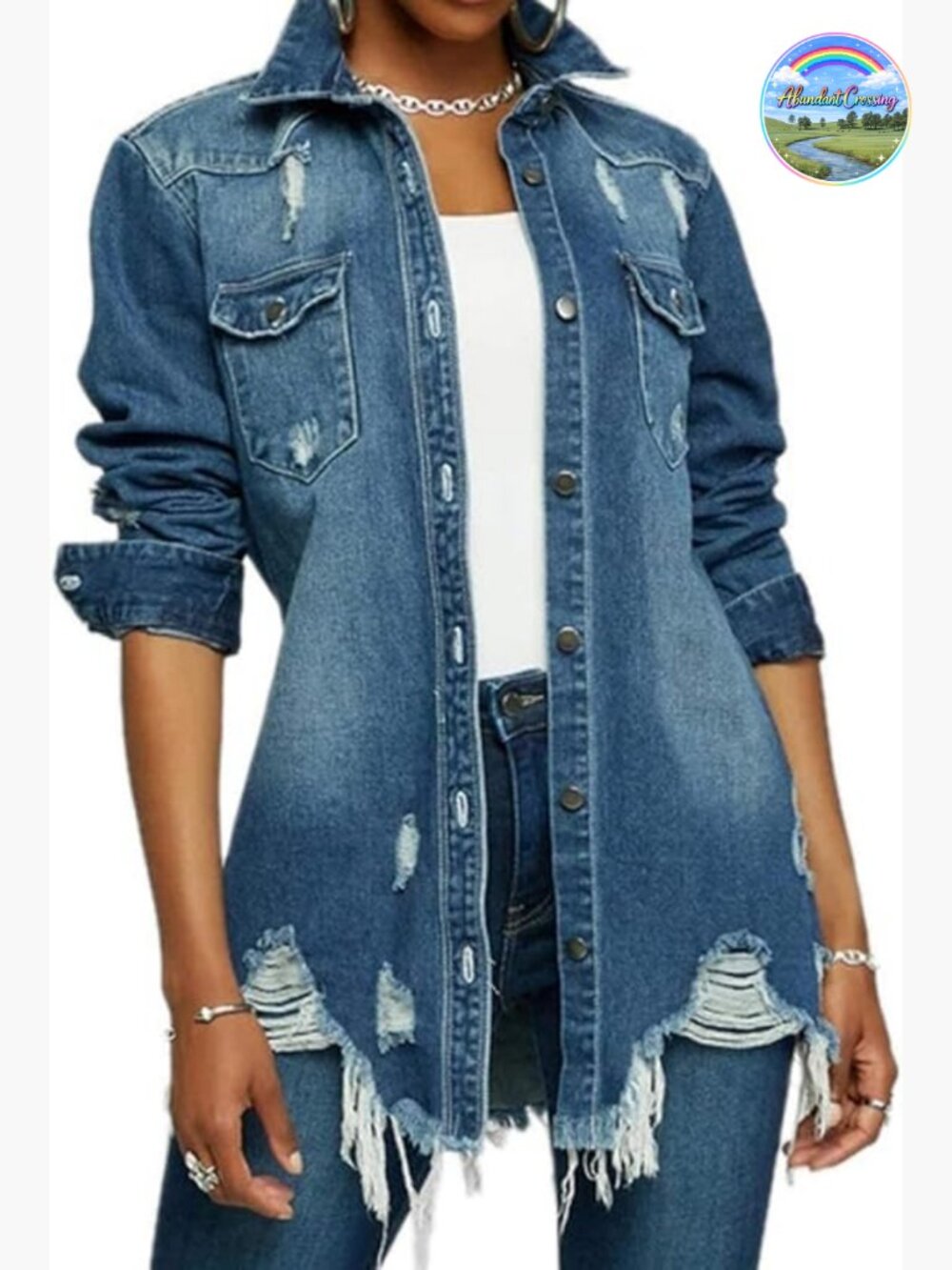 Distressed Denim Jacket Oversized Button Down Long Sleeve Trucker